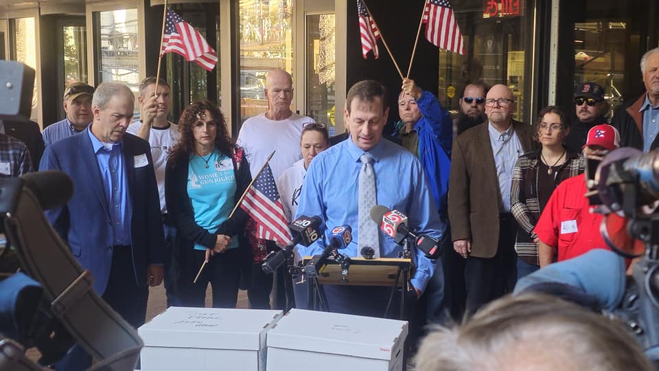 Toby Leary, Chairman of the Civil Rights Coalition submitting 95,000 Certified Signatures to Suspend and Repeal H4885/Chapter 135