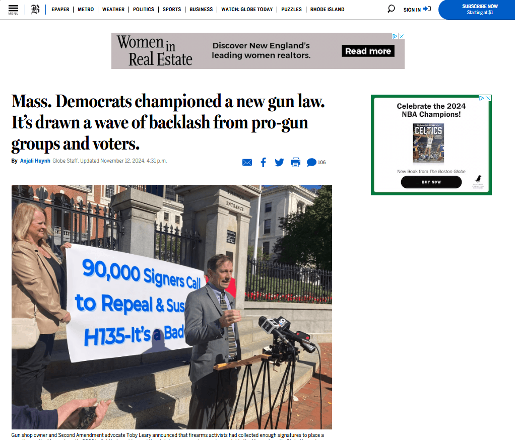 Boston Globe 11-12-2024: Mass Democrats championed a new gun law. Now it faces Voter Backlash