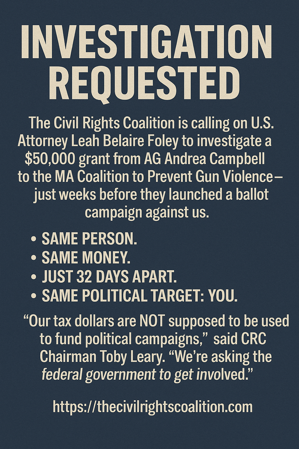 The Civil Rights Coalition Asks US Attorney to Investigate MA Attorney General Grants